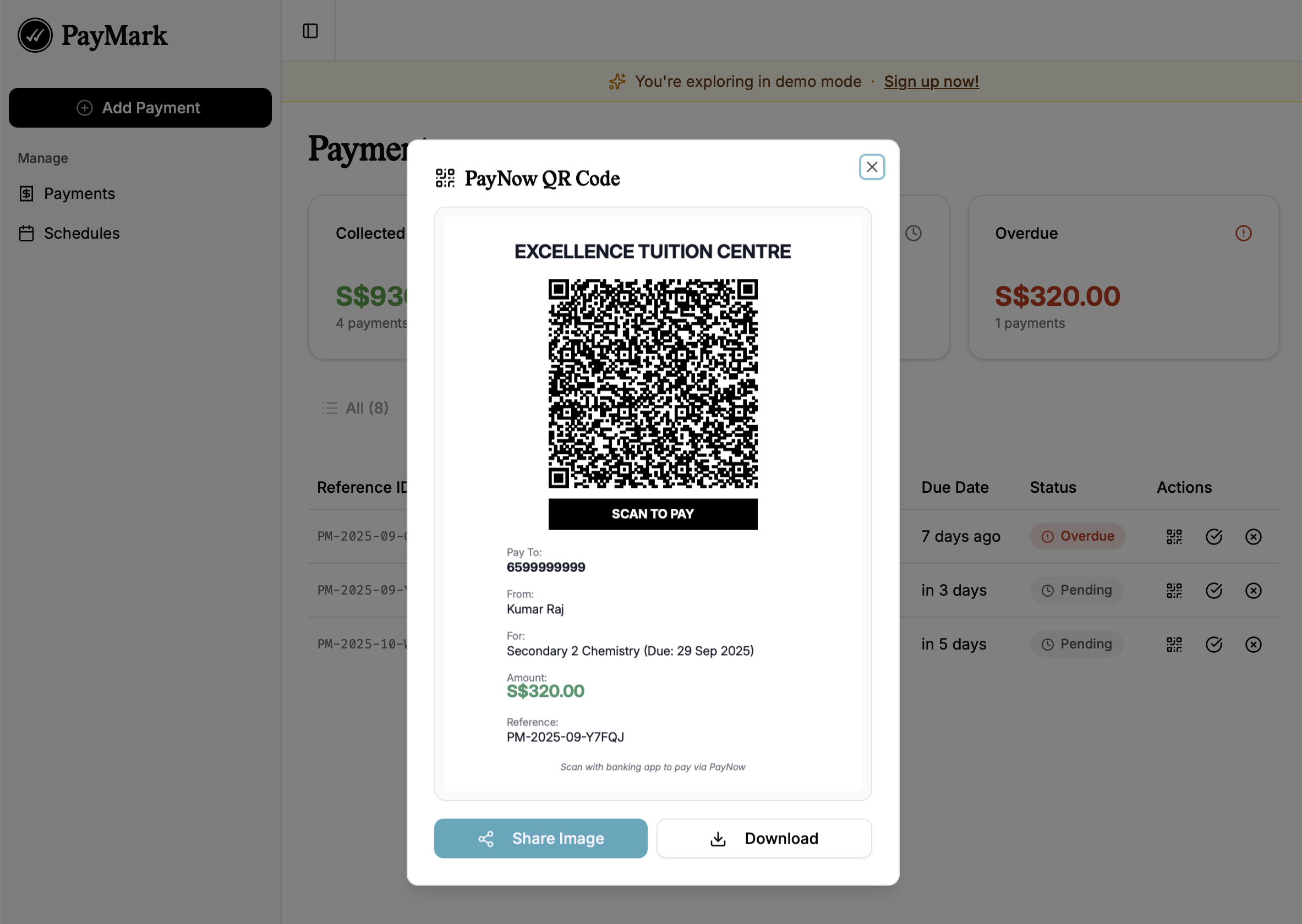 Dynamic PayNow QR code generated by PayMark